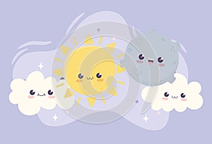 Cute sun moon and clouds kawaii cartoon character