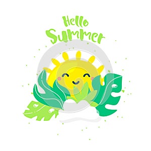 Cute sun with palm leaves and cloud. Flat style. Hello summer vector