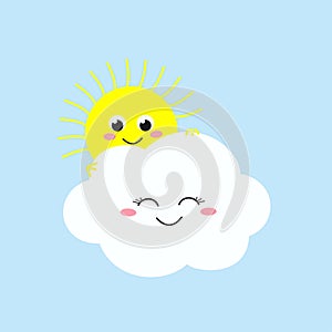 Cute sun peeking from behind joyful cloud