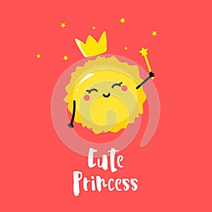 Cute sun princess with a magic wand and crown. Flat style. Vector card