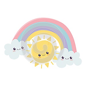 Cute sun rainbow clouds hello kawaii cartoon character