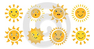 Cute sun set, cartoon sun emoticon characters collection, sunny faces with happy emotions