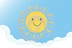 Cute sun smiling on blue sky background. Sun cartoon character. Vector illustration