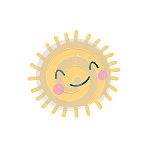 Cute sun. Sunshine emoji, cute smiling face. Summer sunlight emoticon and sunny weather. Isolated funny smileys vector