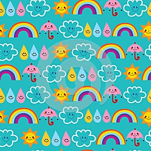 Cute sun umbrella raindrop clouds rainbow seamless pattern