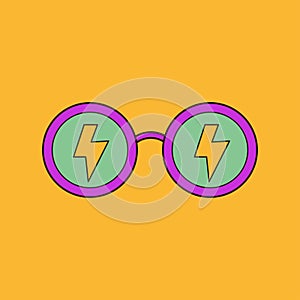 Cute sunglasses eyeglasses icon with zipper lightning. Groovy retro icon in 60s, 70s hippie style. Funny cartoon eyes. Template