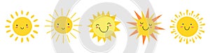 Cute suns. Sunshine emoji, cute smiling faces. Summer sunlight emoticons and morning sunny weather. Isolated funny