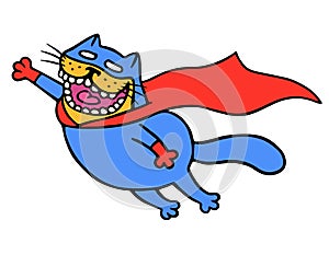 Cute super cat in a raincoat is flying to save the world. Isolated vector illustration.