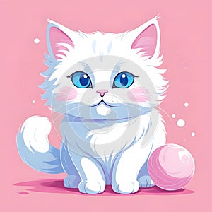 Cute, super fluffy white cat with blue eyes playing with a soft pink ball, fluffy