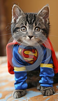 Cute superhero cat in costume flying on pastel background with ample space for text