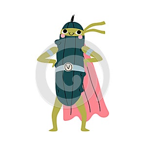 Cute Superhero Cucumber in Mask and Cape, Funny Vegetable Cartoon Character in Costume Vector Illustration