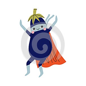 Cute Superhero Eggplant in Mask and Cape, Funny Vegetable Cartoon Character in Costume Vector Illustration