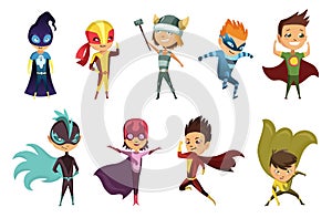 Cute superhero kids in colorful costumes. Kids Dressed as Superheroes. Funny Flat Isolated Vector Design Icons Set On