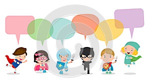 Cute superhero kids with speech bubbles, Set of superhero child with speech bubbles isolated on white background,Vector