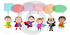 Cute superhero kids with speech bubbles, Set of super hero child with speech bubbles isolated on white background, Vector