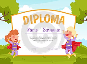 Cute Superhero Kids Wearing Cloak Diploma Vector Template