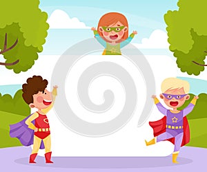 Cute Superhero Kids Wearing Cloak Empty Card Vector Template