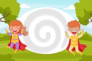 Cute Superhero Kids Wearing Cloak Empty Card Vector Template