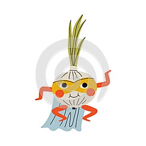 Cute Superhero Onion in Mask and Cape, Funny Vegetable Cartoon Character in Costume Vector Illustration