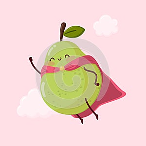 Cute superhero pear fruit flying in the sky