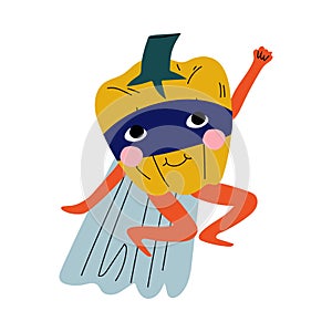 Cute Superhero Pepper in Mask and Cape, Funny Vegetable Cartoon Character in Costume Vector Illustration