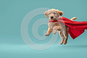 Cute superhero puppy flying in costume on blue background, funny dog with superpowers photo
