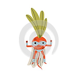 Cute Superhero Radish in Mask and Cape, Funny Vegetable Cartoon Character in Costume Vector Illustration