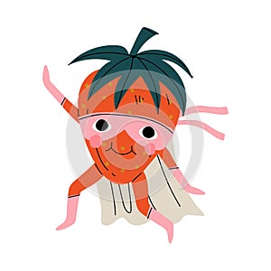 Cute Superhero Strawberry in Mask and Cape, Funny Berry Cartoon Character in Costume Vector Illustration