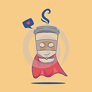 Cute Superhero super coffee cartoon vector flying on air with red cape illustration