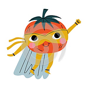 Cute Superhero Tomato in Mask and Cape, Funny Vegetable Cartoon Character in Costume Vector Illustration