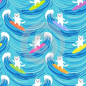 Cute surfer cats on big blue waves, seamless pattern