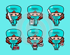 Cute surgeon character design set with medical euipment