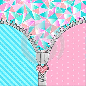 Cute surprise background with open zipper and crystals. Birthday congratulation or invitation fashion girls party