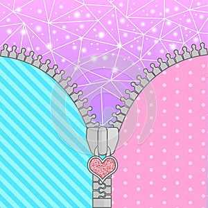 Cute surprise background with open zipper and crystals. Birthday congratulation or invitation fashion girls party