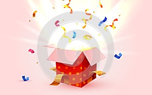 Cute Surprise Gift Box With Falling Confetti. Present box as prize concept.