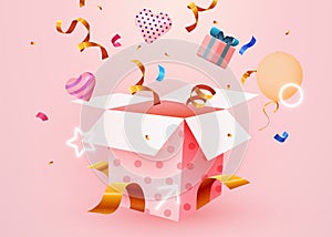Cute Surprise Gift Box With Falling Confetti. Present box as prize concept.