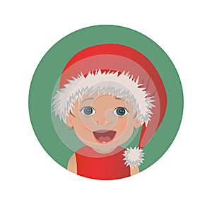 Cute surprised baby Santa Claus emoticon. Astonished Christmas child emoji. Amazed Santa hat kid avatar