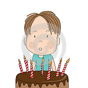 Cute surprised little boy, bewildered facial expression, celebrating birthday, b-day chocolate cake with seven candles