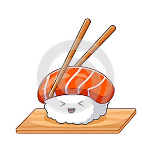 Cute Sushi With Chopstick Cartoon. Food Icon Concept. Flat Cartoon Style. Suitable for Web Landing Page, Banner, Flyer, Sticker, C