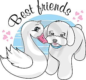 Cute swan baby and puppy dog are best friends