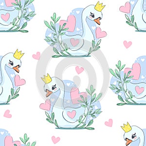 Cute Swan and heart vector pattern seamless, design fabric print