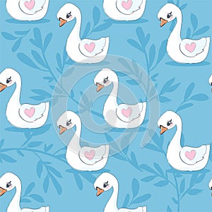 Cute Swan and heart vector pattern seamless, design fabric print blue background