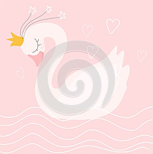 Cute swan princess with crown on a soft pink background, t-shirt, baby shower, greeting card, kid clothes template