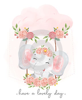 Cute sweet baby elephant pink girl adorable smile sitting on flower swing, watercolor animal cartoon han drawn illustration