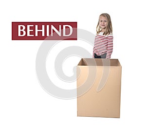 Cute and sweet blond hair child standing behind cardboard box learning English card set