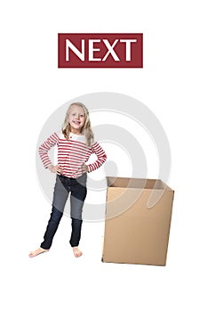 Cute and sweet blond hair child standing next to cardboard box learning English card set