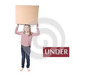 Cute and sweet blond hair child standing under cardboard box learning English card set