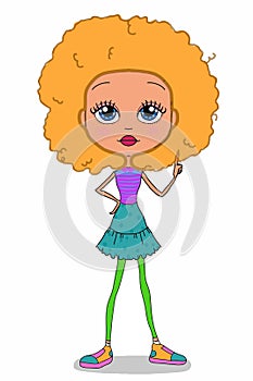 Cute sweet cartoon curly  hair girl characters illustration drawing white  background