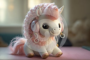 a cute and sweet cartoon style white fairy baby horse unicorn, sweet smile with headphone