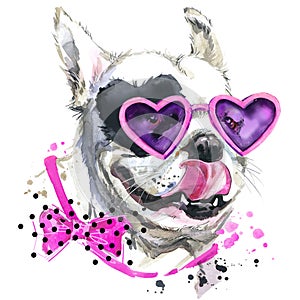 Cute sweet dog T-shirt graphics. Funny dog illustration with splash watercolor textured background.